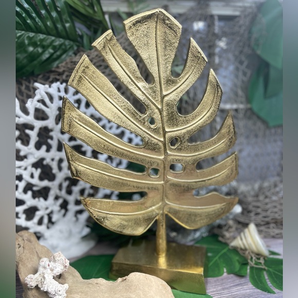 NEW LARGE Metal Brass Monstera Leaf Sculpture COASTAL NAUTICAL BEACH HOME DECOR - Picture 5 of 17